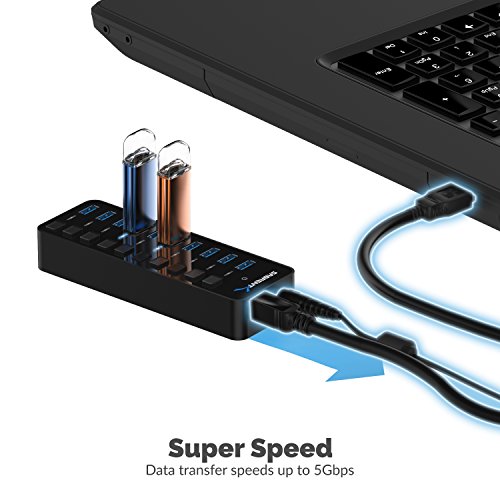 SABRENT 10 Port USB hub 3.2x1 with Power Adapter 60W, usb3 Fast Powered Data hub, Multiple USB Splitter, USB Docking Station, multiport hubs, LEDs on/Off Switch Compatible with pc Laptop MacBook iMac
