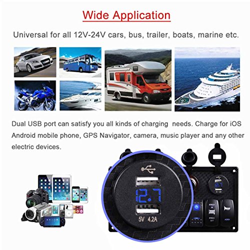 Marine Rocker Switch, AutoEC 8 Gang Circuit LED Car Waterproof Boat Rocker Switch Panel with Fuse, 4.2A Dual USB Slot+Power Socket Breaker Voltmeter+Momentary Rocker Switch+Horn Switch for RV Car Boat - Thumbnail 6
