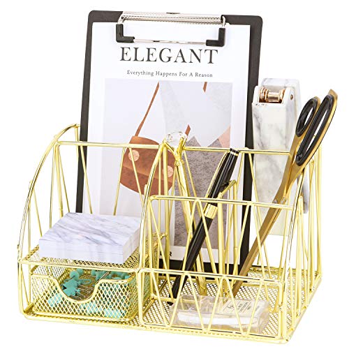 Z-PLINRISE-Desk-Accessories-Organizer-5-Compartments-with-Drawer-Letter-Holder-2-Pen-Holders-Sticky-Note-Holder-and-Accessory-Slot-Wire-Stationery-Caddy-for-Office-Supplies-Gold