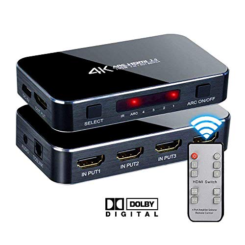 HDMI Switch 4x1 with Audio Extractor, 4K@60Hz Ultra HD HDMI Switcher with Optical TOSLINK SPDIF, 3.5mm Audio Support ARC Function, 3D, 1080P @120Hz, 4Kx2k @60Hz HDTV (IR Wireless Remote Control)