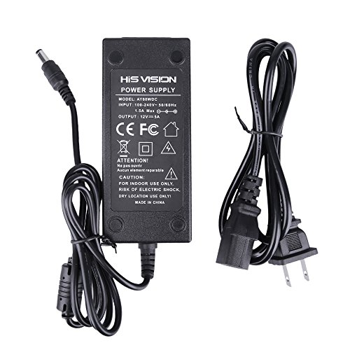 HISVISION Security Camera Power Adapter 12V 5A 100V-240V AC to DC 2.1x5.5mm w/ 8-Way Power Splitter Cable Power Supply-Fits DVR/NVR/AHD/TVI Security System, LED Strip Lights