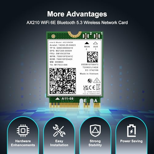 Placa sem fio WiFi 6E Intel AX210NGW, Bluetooth 5.3 Tri-Band 5400Mbps M.2/NGFF para PC Laptop AX210 placa de rede compatível com Windows 10/11 (64 bits)