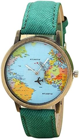 OUBAO Women Global Travel By Plane Map Denim Fabric Band Watch Green