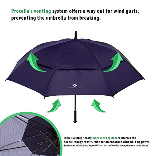 Procella Golf Umbrella Windproof Waterproof - 62 Inch Large Automatic Open Rain & Wind Resistant Vented Double Canopy - Best Golf-Sized Stick Umbrellas for Men and Women (Navy Blue)