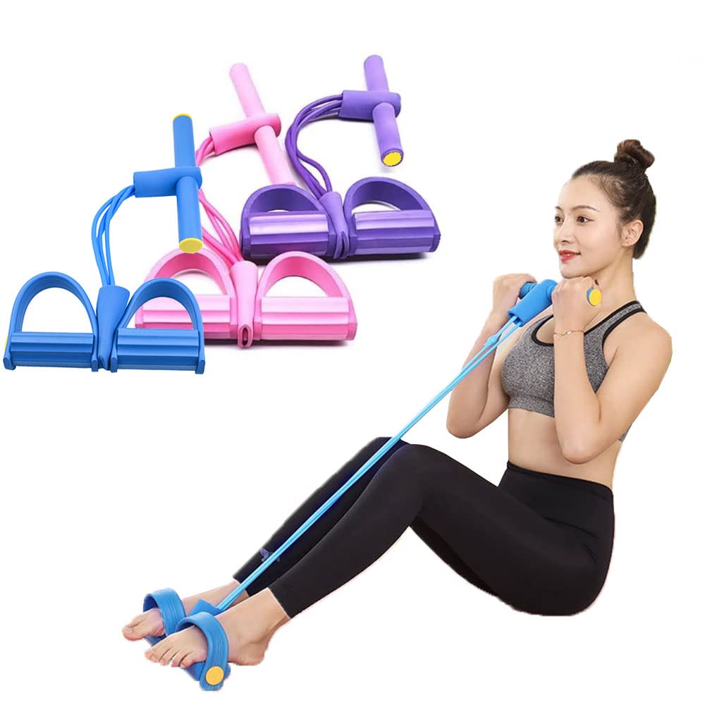 DZOZO 4 Tube Elastic Sit Up Pull Rope Tension Rope Resistance Band Pull Rope Elastic Sit-up Belt Pedal Tensioner Multifunctional Pull Rope with Foot Pedal Body Trainer Tummy Trimmer
