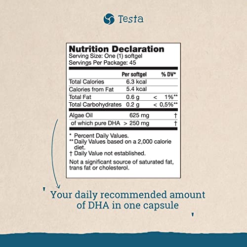 Testa Vegan Omega 3 DHA Supplement Plant Based Omega3 from Algae Oil