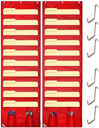 Wall Storage Pocket Charts (2 PACK) File Organizers with 6 Door Hangers- Best Pocket Chart for School, Classroom, Home or Office Use. Wall Pocket Chart Organizer (Red)
