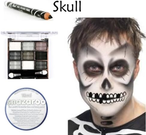 Scary Halloween Skull Complete Makeup Set includes: 1x Black Eyeliner, 1x Eyeshadow Palette and 1x White Snazaroo Face Palette.
