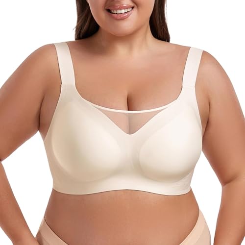 CAFUDEYE Women Wireless Supportive Comfort Shaping Bra No Wire Lift Bras for Large Breasted Full Coverage Bralettes No Underwire(3XL) Ivory