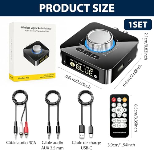 Receptor Bluetooth HiFi con Salida AUX 3,5 mm y RCA, Adaptador Bluetooth Audio inalámbrico con conexión Dual para estéreo Altavoz Amplificador y Adaptador Bluetooth para TV