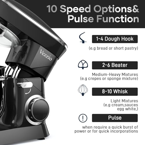 Vezzio 8.5L Professional Pastry Mixer 1500 W 6 Speeds Kitchen Robot Mixer Multifunction Low Noise Stainless Steel Bowl, Kneader, Whisk and Rods (Black)