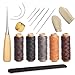 Leather Working Tools 16 Pcs Upholstery Carpet Canvas Leather Kit Needles with Waxed Thread Crod and Drilling Awl and Thimble for Leather Repair Basic Leather Tools, DIY Hand Sewing Craft Accessories