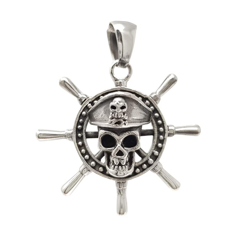 Treasure Bay Men's Silver Pendant Necklace - Caribbean Aztec Pirates Skull Pendant Necklace