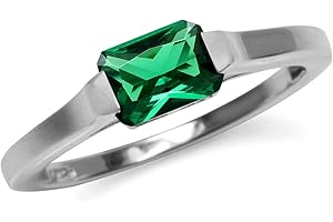 Silvershake Half Bezel Set Octagon Shape Gemstone White Gold Plated or Yellow Gold Plated 925 Sterling Silver Minimalist East-West Solitaire Promise Ring Jewelry for Women