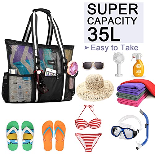 Beach Bag with Cooler, Mesh Beach Tote with Insulated Compartment for Women, Sandproof