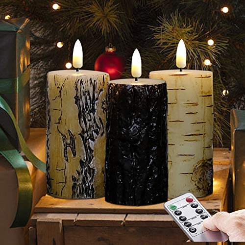 3 Style Birch Bark Flameless Flickering Candles, Set of 3. 2.2" x5" LED