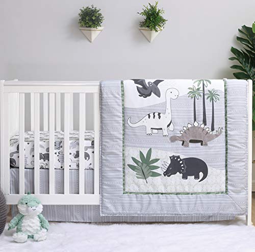 The Peanutshell 3 Piece Baby Crib Bedding Set for Boys - Newborn, Infant & Toddler Nursery Bed Set Decor with Fitted Crib Sheet, Dust Ruffle, Comforter - Dino