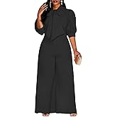 VERWIN Plus Size Jumpsuit for Women Bowknot Full Length Plain Dressy Short Sleeve Romper Wide Leg Overall