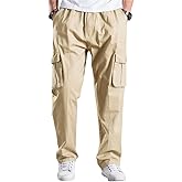 Men's Lightweight Pull on Casual Pants Cotton Full Elastic Waist Cargo Work Chef Lounge Pant Khaki 32