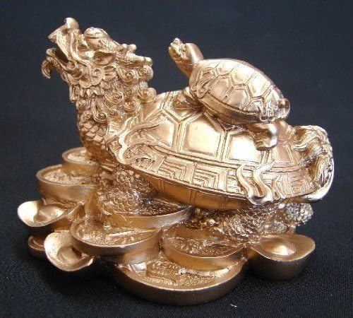 GOLD Feng Shui Dragon Turtle Tortoise Statue Figurine Coin Money Wealth
