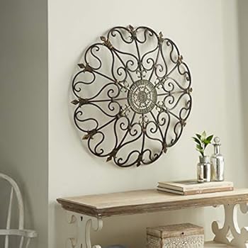 Deco 79 50094 Large, Round Metal Snowflake w/Fleur De Lis Designs, Vintage, Holiday Decorations, Christmas Wall Art, x 29 Diameter, Distressed Bronze