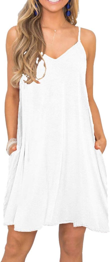 Women's Summer Spaghetti Strap Casual Swing Tank Beach Cover Up Dress with Pockets