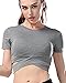 Campeak Women's Yoga Gym Crop Top Compression Workout Athletic Short Sleeve Shirt Grey