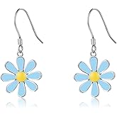 SLUYNZ 925 Sterling Silver Daisy Flower Dangle Earrings for Women Teens Girls Blue Flower Drop Earrings Summer Spring Earrings