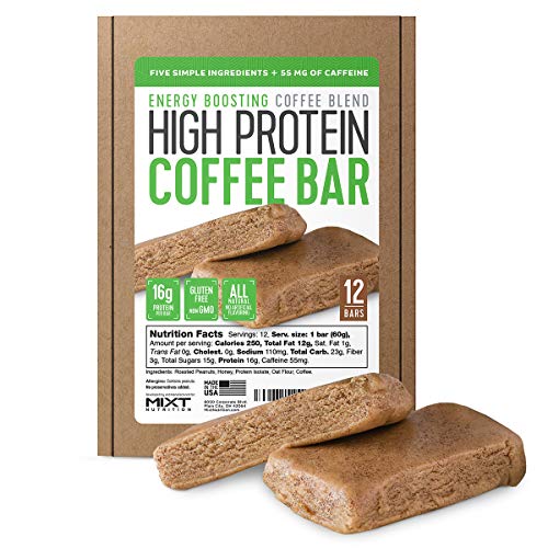 Protein Coffee Energy Bar, Made with Five Simple Ingredients, All Natural, Gluten Free, Non GMO & 16g of Protein, Made with Real Coffee (55mg Caffeine per bar), 12 Bars (Peanut Butter)