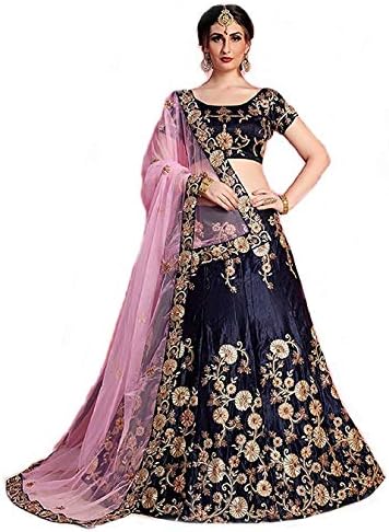 Om fab Women's Embroidered Velevt Lehenga Choli with Blouse Piece (Navy Blue)