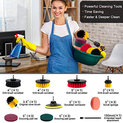 16 Piece Drill Brush Attachment Set, ONE PIX Power Scrubber Cleaning Kit with Extend Long Attachment Scrub Pads Sponge for Grout, Tile Sealants, Carpet, Sink, Bathtub, Floor, Wheels