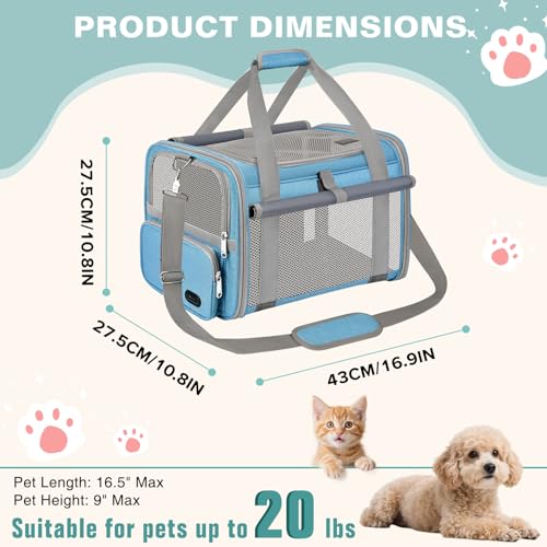 BTNEEU Foldable Cat Carrier Carrier Small Dog Carriers Airline Approved Breathable Carrier Bag with Inner Strap, Washable Soft Cushion and Adjustable Shoulder Strap (Sky Blue)