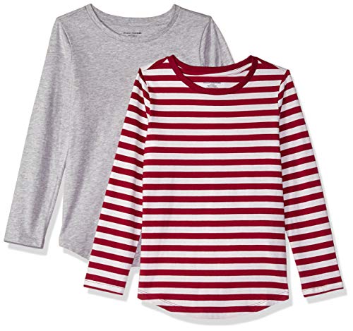 Amazon Essentials Big Girls' 2-Pack Long-Sleeve Tees, Even Stripe Beet Red and Heather Grey, L(10) (Best Striped T Shirt)