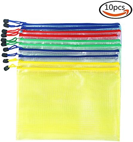 10 Packs A4 Zipper File Bags Mesh Document Plastic Wallet Bags for Office Supplies, Cosmetic, Bills Storage,5 Colors