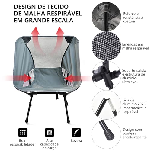 Cadeira Camping, GODREAM Cadeira Camping Dobravel para Acampamento, com Bolsa de Transporte, Estrutura de Aço Carbono e Tecido Poliéster Resistente Premium, Suportar Até 150 kg, Portatil (Cinza)