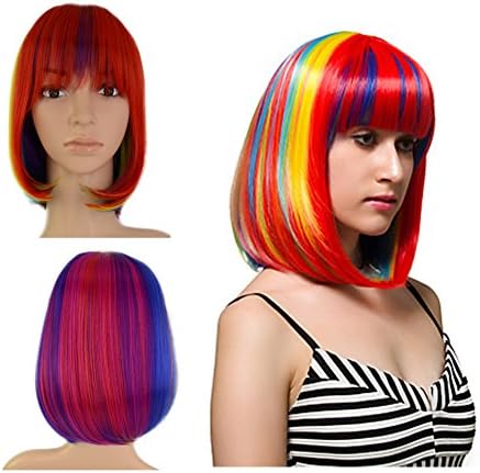 Qileyi Straight Short Bobs Colorful Rainbow Wig Pastel Wig For Women Cosplay Daily Natural Look Free Wig Cap