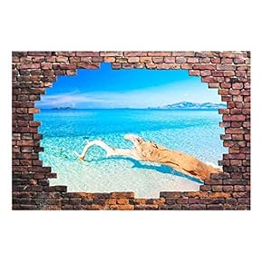 Wall26 - Large Wall Mural - Tropical Seascape Viewed Through a Broken Brick Wall | 3D Visual Effect Self-Adhesive Vinyl Wallpaper/Removable Modern Decorating Wall Art - 66" x 96"