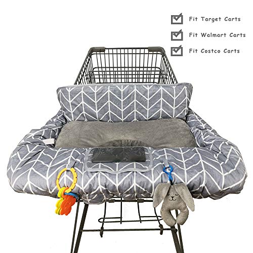 Shopping Cart Cover for Baby Cotton, Minky Bolster Positioner, 6.5" Cellphone Holder and Toy, High Chair Cover for Boy Girl,Infant Grocery Cart Cushion Liner Large Grey