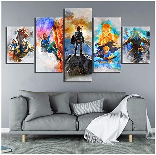 Junewind Canvas Painting 5 Piece Abstract Art Paintings The Legend of Zelda Breath of The Wild Video Games Poster Canvas Art Paintings for Wall Decor-Size