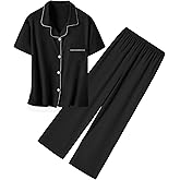 Umeyda Girls Lyocell Pajamas Set Button Down Sleepwear Loungewear PJS Shorts Sleeve Tops + Pants