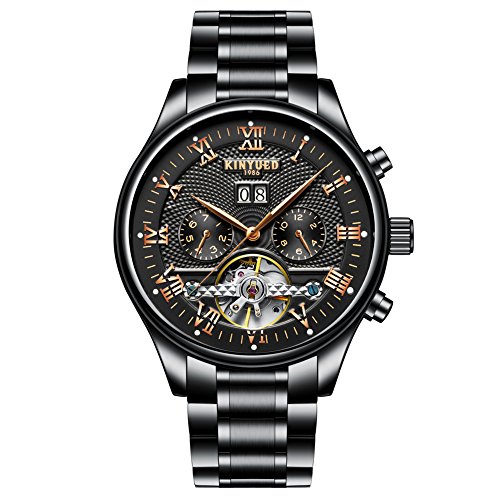 KINYUED Auto Date Mechanical Watch Men Automatic Skeleton Dial Black Waterproof Gold Stainless Steel Band