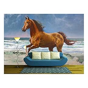 Chestnut Horse Galloping on Shore, Fragment of Painting - Removable Wall Mural | Self-Adhesive Large Wallpaper - 66x96 inches