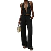 MakeMeChic Women's Summer 2 Piece Sets Backless Halter Tank Top Wide Leg Linen Pants Set Vacation Outfits