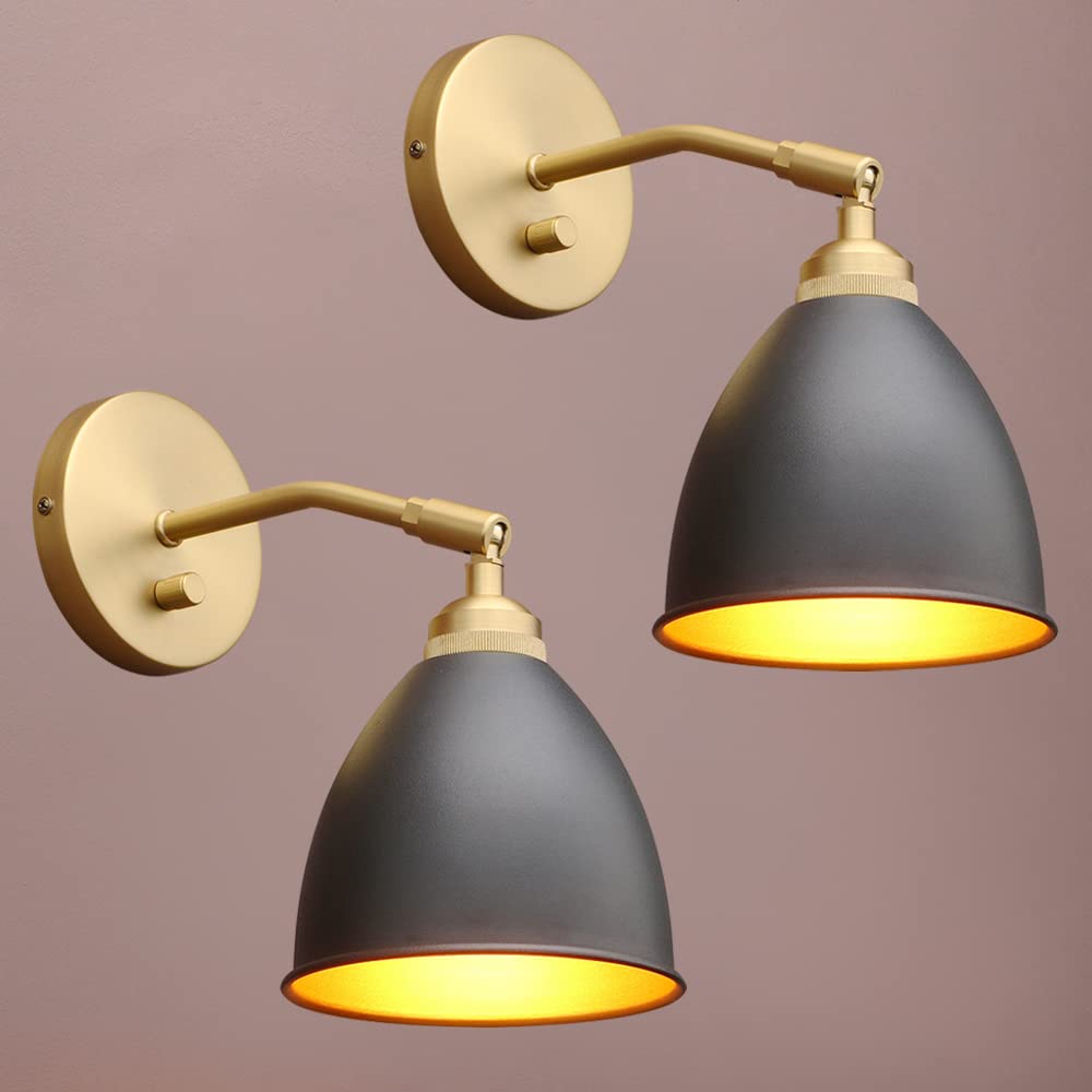 Photo 1 of *USED, DAMAGED** Yosoan Vintage Wall Sconce Bookcase Light, 2-Pack Dimmable On Off Switch Industrial Mount Metal Fixture Lighting with 6.1" Oval Black Metal Shade in-Build Gold and Antique Canopy Reading Lamp
