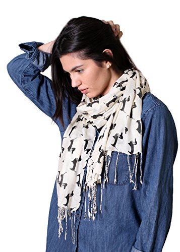 Anika Dali Bella Doxie Dachshund Dog Scarf, Animal Lover Shawl (Black Dog, White Base)