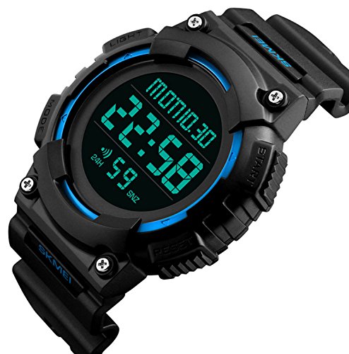 Men's Digital Waterproof Sports Watch Military Multifunction Dual Time Countdown Stopwatch Alarm Back Light 50M Waterproof Watch (Blue)