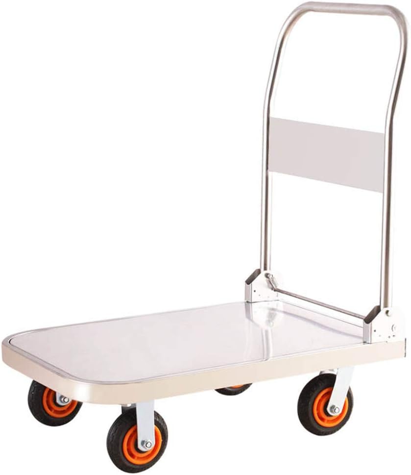Trolley Platform Stainless Steel Flatbed Foldable armrests Save Space Easy to Carry Silent wear-Resistant Rollers Load-Bearing 600kg Silver 120x65cm