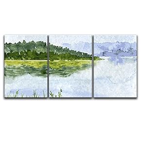 3 Panel Canvas Wall Art - Watercolor Style Mountain Trees Calm Lake - Giclee Print Gallery Wrap Modern Home Art Ready to Hang - 16"x24" x 3 Panels