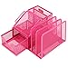 MyGift Pink Metal Mesh Desk Office Supplies Caddy with Mail Holder Organizer, Pencil Holder Cup, Sticky Note Memo Pad Holder and Pull Out Storage Drawer