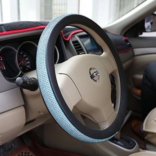 Sino Banyan Diamond Steering Wheel Cover PU Leather Case, with Bling Bling Crystal Rhinestones, Universal 15 Inch Protector for Women, SkyBlue